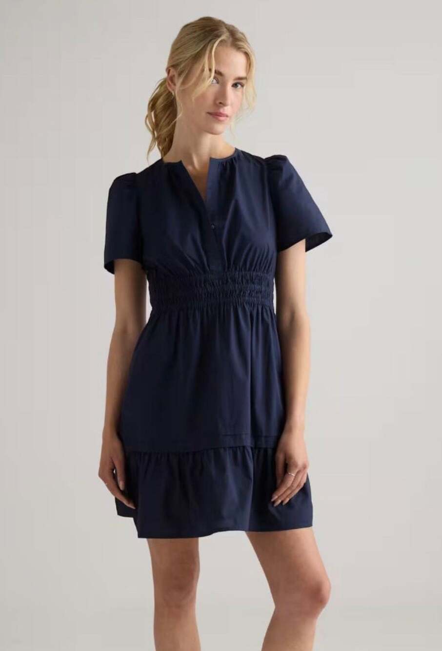 Quince Organic Cotton Tiered Mini Dress in Navy with Smocked Waist